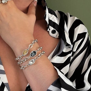 Swarovski Kristall klobiges Silber Gliederkettenarmband, ovales Swarovski Statement, massives Kettenarmband, Armband Uno de 50, Geschenk für Sie