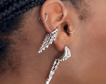 Statement Silver Zircon Crystal Tassel Ear Cuff: Sterling Silver Plated