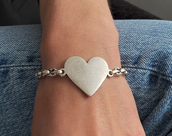 Antique silver large heart chain bracelet, edgy heart thick bracelet, uno de 50 style heart chain bracelet, sharp heart modern rock bracelet