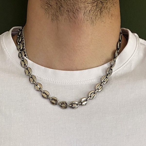 Collier chaîne marinière soufflée, chaîne en argent épaisse imperméable, gros collier chaîne en grains de café pour homme, chaîne en acier inoxydable, cadeau pour lui