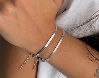 Shiny snake chain bracelet, skinny herringbone chain bracelet, minimal stainless steel snake bracelet, waterproof flat snake chain bracelet
