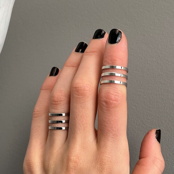 Three lines band ring, knuckle ring, chevalier ring, silver toe ring, midi pinky ring, finger cuff ring, womens triple ring, mother's  gift