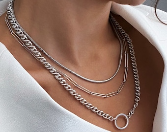 Layering multi chains adjustable necklace, rock glam O ring necklace, silver triple strand minimal necklace, statement necklace, womans gift