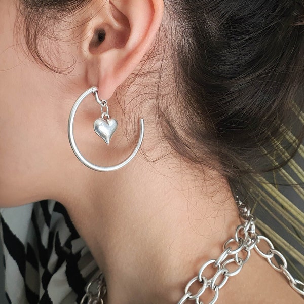 Large open 3/4  hoop earrings, heart dangling charm drop earrings, antique silver love contemporary earrings, heart suspended charm hoop