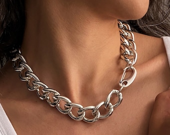 Gargantilla ligera extravagante de plata, collar de cadena de aluminio XL, cadena de cierre de mosquetón, gargantilla gruesa brillante de gran tamaño para mujer, regalo para mujer