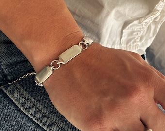 Silver adjustable rectangle links chain bracelet, womens uno de 50 style chain bracelet, modern chunky connected tags bracelet, womens gift