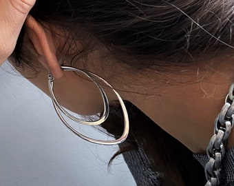 Thin long oval smooth hoop earrings, shiny stainless steel everyday wear oblong hoops, large/medium contemporary hoop earrings, gift for her