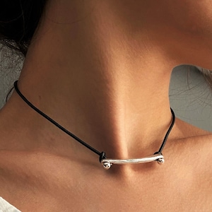 Womens silver bar necklace, engraved bar necklace, adjustable leather silver bar choker, minimalist silver leather choker, necklace  for her