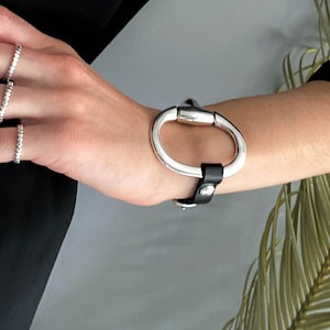 Metal statement bracelet, uno de 50 style chunky leather bracelet, leather adjustable metal cuff, womens metal rock style cuff, gift idea