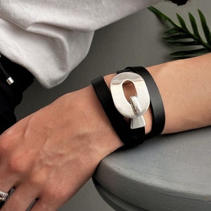 Extra wide metal leather bracelet, statement triple leather antique silver cuff, Uno de 50 Style chunky bracelet, oversized cuff, gift idea