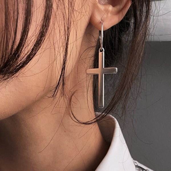 Silver large cross hoop earring, minimalistic cross dangle earring, Dainty cross hoop, Long polished cross earring, simple smooth cross hoop