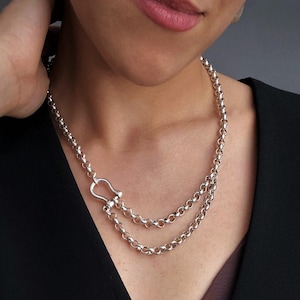 Silver Rolo Chain Shackle Lock Pendant Necklace• Double Strand Carabiner Necklace• Rock Style Statement Pendant by AnAngelsHug• Unisex Gift