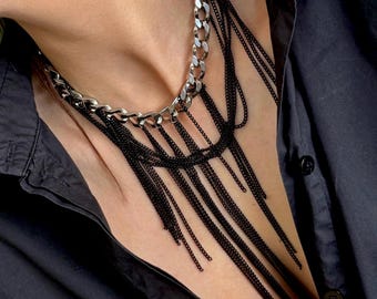 Bold Edgy Silver Black Mixed Dangling Chains Choker: Stainless Steel Curb Chains Toggle Clasp