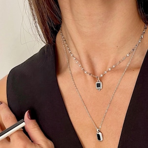 Vintage Mirror Shaped Silver Black Drop Pendant• Dainty Black Square Charm Necklace• Set of Two Layering Necklaces by AnAngelsHug• Gift Idea