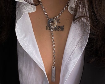 Collier lariat chaîne rolo en acier inoxydable, collier géo longue chaîne, collier bolo style rock, collier lariat argent antique, cadeau pour elle