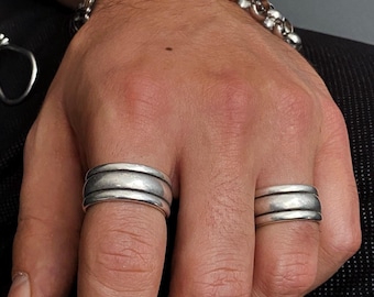 Mens Simple Three Lines Wide Band Ring• Antique Silver Everyday Smooth Pinky Cuff Ring• Engraved Modern Rock Open Ring• by AnAngelsHug