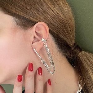 Double long box chain earrings, fake ear cuff chain earrings, cartilage cuff statement earrings, double set earrings, silver chain earrings