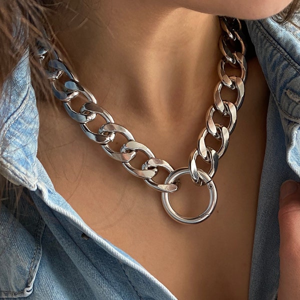 Tour de cou extra large avec fermoir en argent, chaîne à maillons légers, collier pour femmes de style maximaliste avec anneau en O, collier en chaîne extra-épais, cadeau de Noël