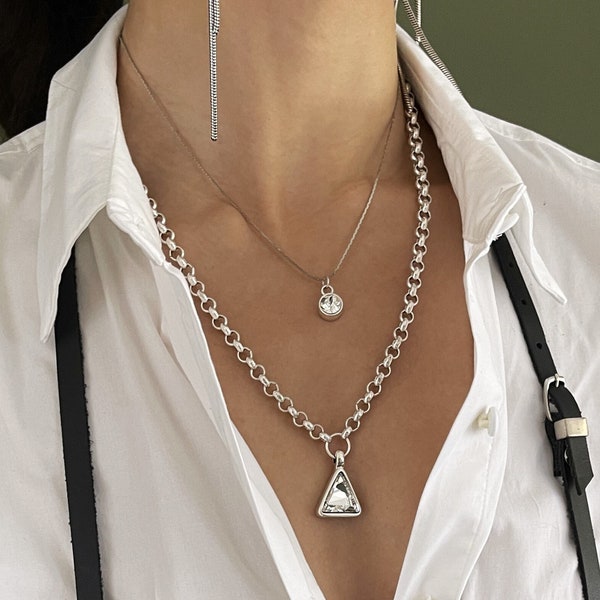 Womens Swarovski uno de 50 style necklace, set of two Swarovski pendants, triangle round pendant, long and short rolo chain Swarovski choker