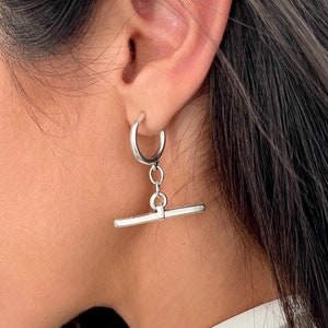 Silver T Bar Dangle Hoop Earrings• Half Circle Dangling Toggle Bar Earrings• Everyday Horizontal Bar Drop Earrings AnAngelsHug• Gift For Her
