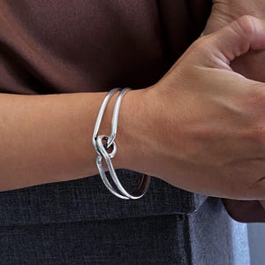 Antique silver double knot open cuff bracelet, minimal sturdy tie bangle, adjustable love knot bracelet, dainty modern bangle, gift for her