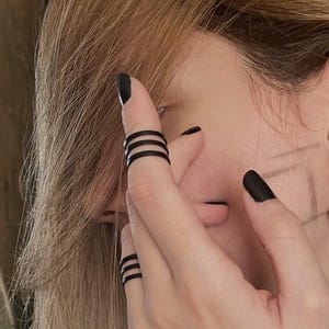 Matt black three lines band ring, jet black knuckle ring, womens stacking ring, midi triple band ring, rock style ring, open pinky ring
