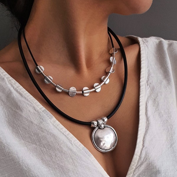 Leather layering necklace, womens leather statement pendant, silver beads layering necklace, uno de 50 style necklace, womens Christmas gift