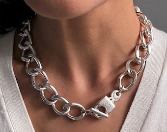 Chunky HEAVY chain padlock necklace, oversized silver curb chain statement necklace, edgy style antique silver chain necklace, womans gift