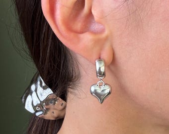 Elegant Silver Dangling Curved Heart Charm Small Hoops: Boho Minimalist Style Love Earrings