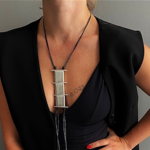 Statement square tubes necklace, womens long leather necklace, silver necklace, uno de 50 contemporary necklace, edgy style necklace, gift