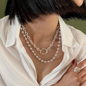 Set of two silver chain choker necklaces,  short o ring bold choker, chunky ball chain uno de 50 style necklace, layering thick necklaces