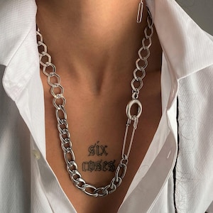 Chunky mixed chains safety pin necklace, silver safety pin necklace OR brooch accessories, womens statement rock style double chain necklace