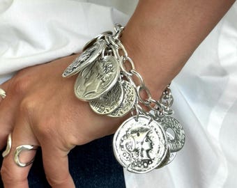 Chunky Antique Silver Greek Goddesses Coins Chain Toggle Clasp Bracelet: Athena and Persephone Charms