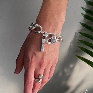 NEW! Swarovski uno de 50 style thick chain bracelet, oversized curb link chain bracelet, chunky antique silver crystal bracelet, gift idea.