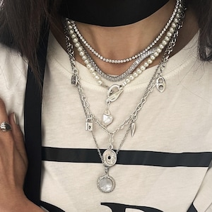 Statement Multi-Strand Crystal Necklace Set: Multi-Layered Pearls and Round Shell Pendants