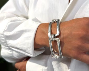 Chunky Silver Hammered Rectangular Chain Link Bracelet: Adjustable Wide Minimalist Boho Style Bracelet