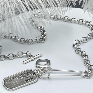 Unique Silver ID Tag Safety Pin Necklace• Rolo Chain Statement Pendant• Edgy Rock Style Choker• Abstract Choker AnAngelsHug• Birthday Gift