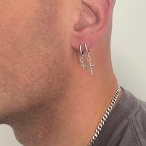 Mens little silver cross earrings, minimal rock style cross earrings, punk style unisex cross earrings set, silver cross hoop earrings, gift
