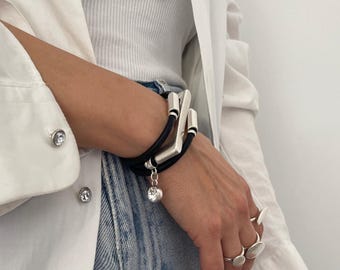 Leather bracelet, womens wrap bracelet, wrap leather cuff, metal cuff, womens leather jewelry, Uno de 50 Style, rock style bracelet