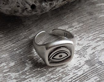 Mens silver evil eye signet ring, square evil eye protection pinky ring, antique silver adjustable unisex ring, gift for him, father's gift