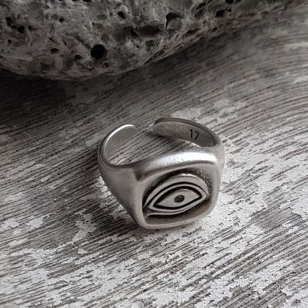 Mens silver evil eye signet ring, square evil eye protection pinky ring, antique silver adjustable unisex ring, gift for him, father's gift