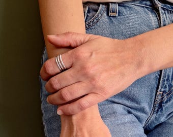 Minimalistic Silver Linear Triple Textured Open Band Ring: Adjustable Waterproof Stainless Steel Everyday Wear Jewelry