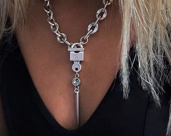 Massive chain sharp padlock Swarovski necklace, antique silver lock and key Swarovski edgy necklace, chunky luxurious choker, Christmas gift