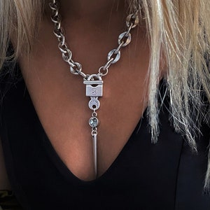 Massive chain sharp padlock Swarovski necklace, antique silver lock and key Swarovski edgy necklace, chunky luxurious choker, Christmas gift