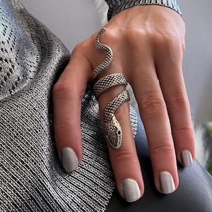 Dark silver extra long finger ring, statement FULL FINGER SERPENT ring, brutalist snake textured adjustable ring, modern rock style ring image 1