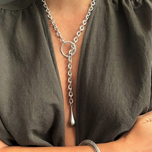 Collier lariat antique en argent avec chaîne rolo, collier pour femme goutte et cercle, collier lariat éternité, collier audacieux en forme de Y, cadeau