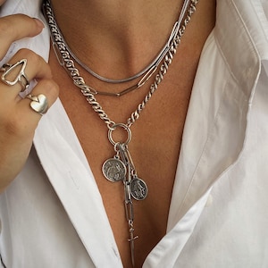 Silver triple strand layered adjustable choker, religious coins O ring multi chains necklace, bold lariat sword pendant, sharp edgy choker
