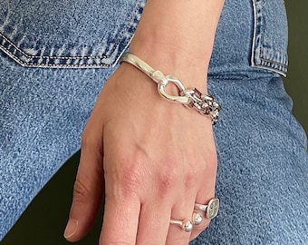 Double Chunky Chain Half Metal Bracelet• Antique Silver Statement Cuff• Massive Unique Bracelet• Unisex Cuff by AnAngelsHug• Gift for Her