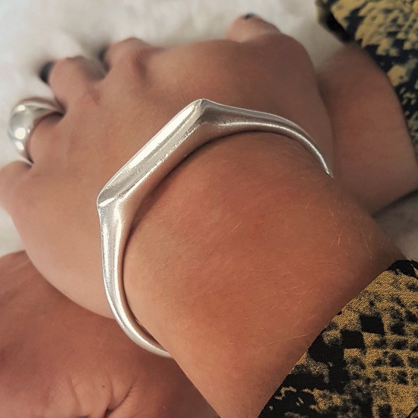 Heavy thick silver plated signet rectangular bracelet, open silver stackable bracelet, womens torque cuff bracelet, minimal smooth bangle