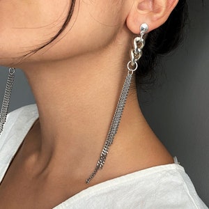 Womens long earrings, silver dangle earrings, multi chains bold earrings, statement rock style earrings, chunky chain earrings, womens gift
